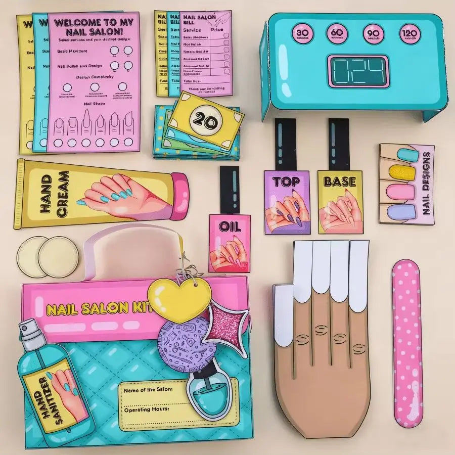 Kids Nail Salon Sticker DIY Quiet Book Kit, Pretend Play Scrapbook Material Set, Unfinished Craft Toy Book for Cutting Handmade