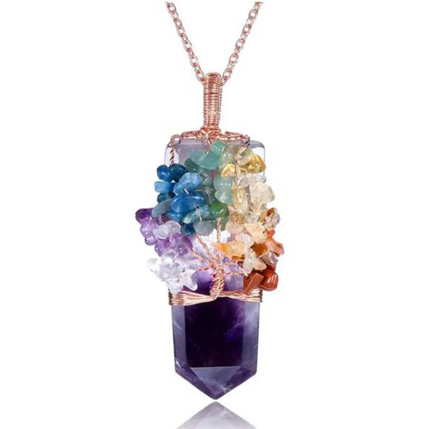 Healing Crystal Sword Faceted Pendant Necklace For Women Men Natural Chakra Tree Life Wire Wrapped Amethyst Rose Quartz Jewelry