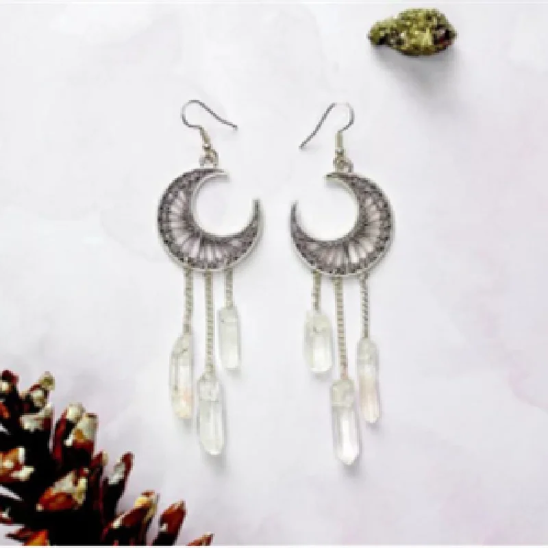 Witchy Crescent Sun Moon Amethyst Crystals Stone Earring Wicca Healing Crystal Magic Protection Celestial Jewelry Women Gift