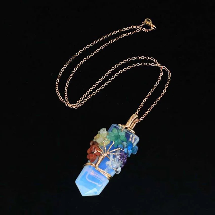 Healing Crystal Sword Faceted Pendant Necklace For Women Men Natural Chakra Tree Life Wire Wrapped Amethyst Rose Quartz Jewelry