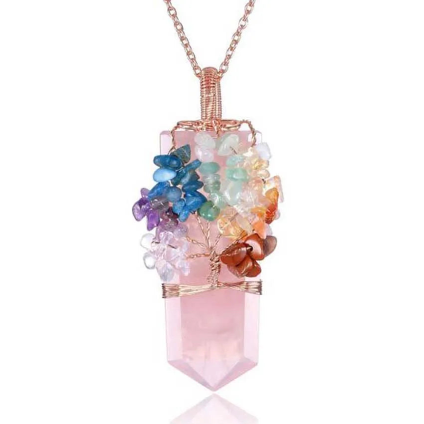 Healing Crystal Sword Faceted Pendant Necklace For Women Men Natural Chakra Tree Life Wire Wrapped Amethyst Rose Quartz Jewelry
