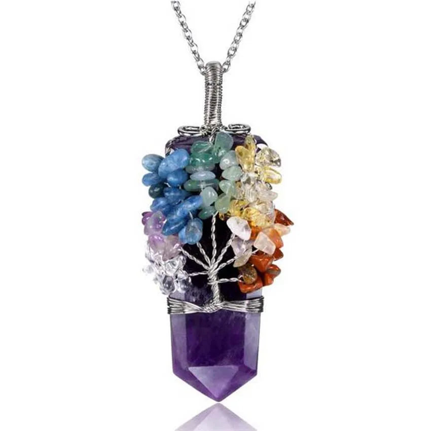Healing Crystal Sword Faceted Pendant Necklace For Women Men Natural Chakra Tree Life Wire Wrapped Amethyst Rose Quartz Jewelry