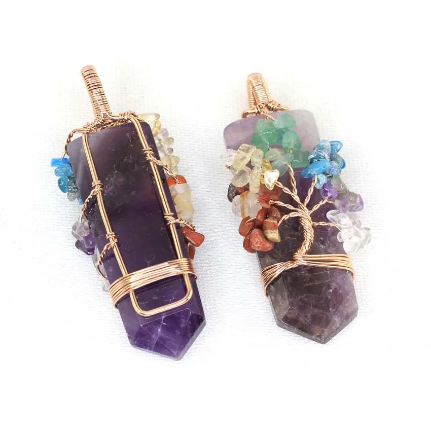 Healing Crystal Sword Faceted Pendant Necklace For Women Men Natural Chakra Tree Life Wire Wrapped Amethyst Rose Quartz Jewelry