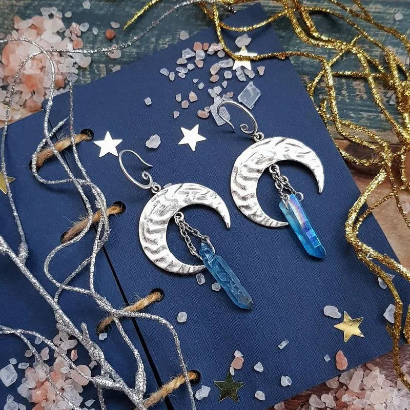 Witchy Crescent Sun Moon Amethyst Crystals Stone Earring Wicca Healing Crystal Magic Protection Celestial Jewelry Women Gift