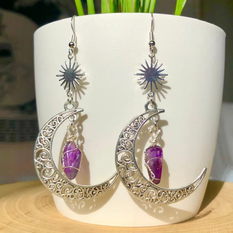 Witchy Crescent Sun Moon Amethyst Crystals Stone Earring Wicca Healing Crystal Magic Protection Celestial Jewelry Women Gift