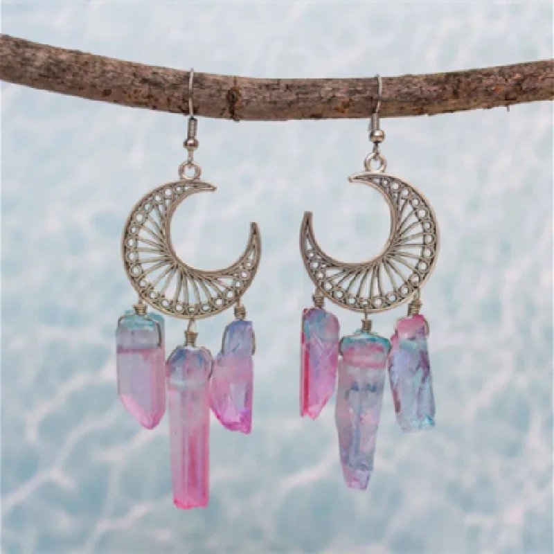 Witchy Crescent Sun Moon Amethyst Crystals Stone Earring Wicca Healing Crystal Magic Protection Celestial Jewelry Women Gift
