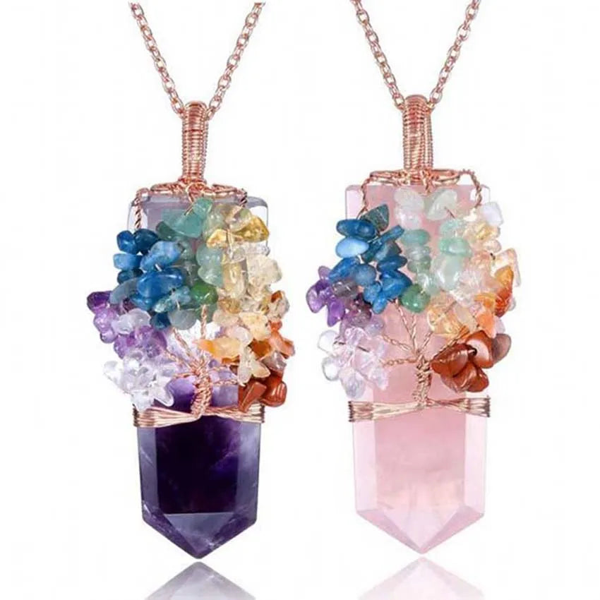 Healing Crystal Sword Faceted Pendant Necklace For Women Men Natural Chakra Tree Life Wire Wrapped Amethyst Rose Quartz Jewelry