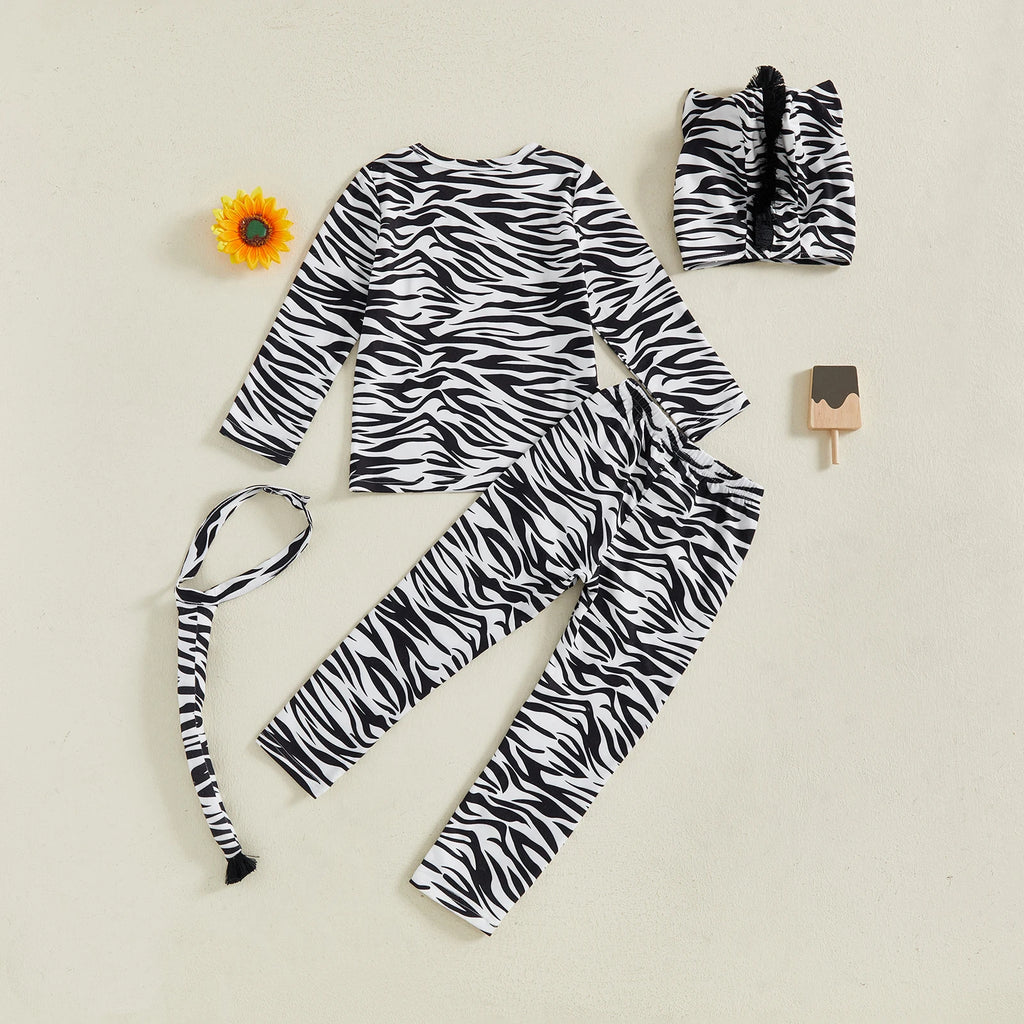 Halloween Toddler Baby Animal Costumes Set Zebra/Tiger Long Sleeve Tops Pants Ears Hat Tail Cosplay Children Party Stage