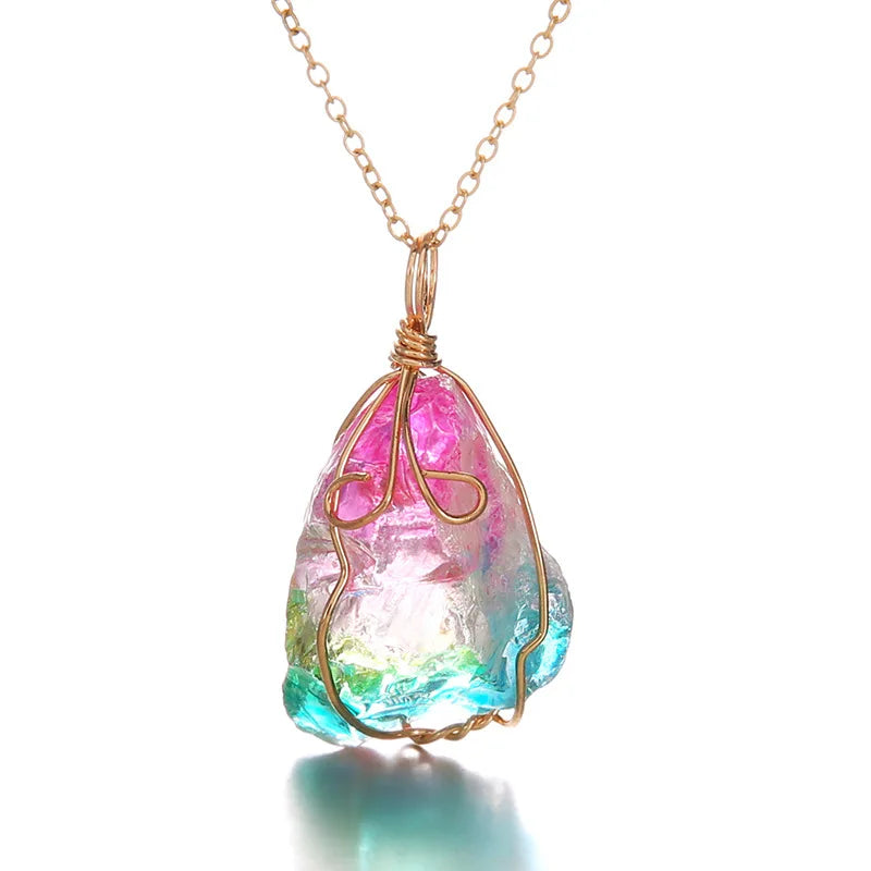 Irregular Rainbow Stone Natural Crystal Fashion Crystal Chakra Rock Necklace Nice Gift For Lover Friends