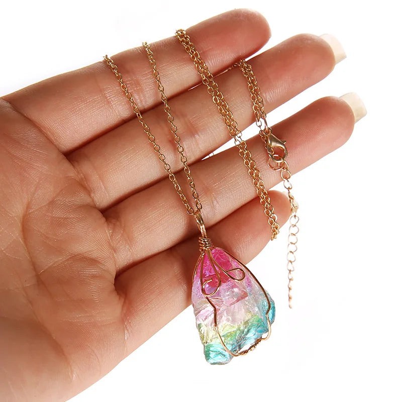 Irregular Rainbow Stone Natural Crystal Fashion Crystal Chakra Rock Necklace Nice Gift For Lover Friends