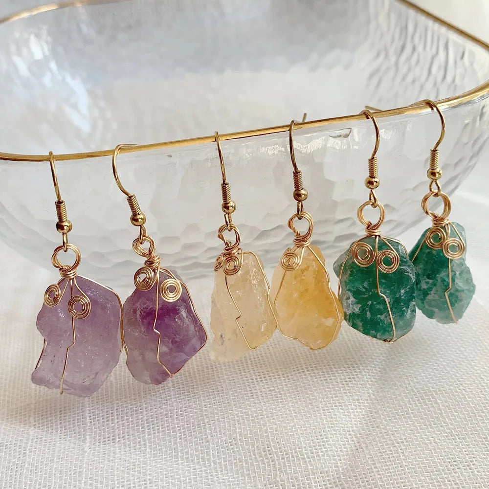 Natural Crystal Earrings for Women Raw Stone Green Quartz Pendulum Rubies Zoisite Lapis Sunstone Purple Crystal Drop Earring