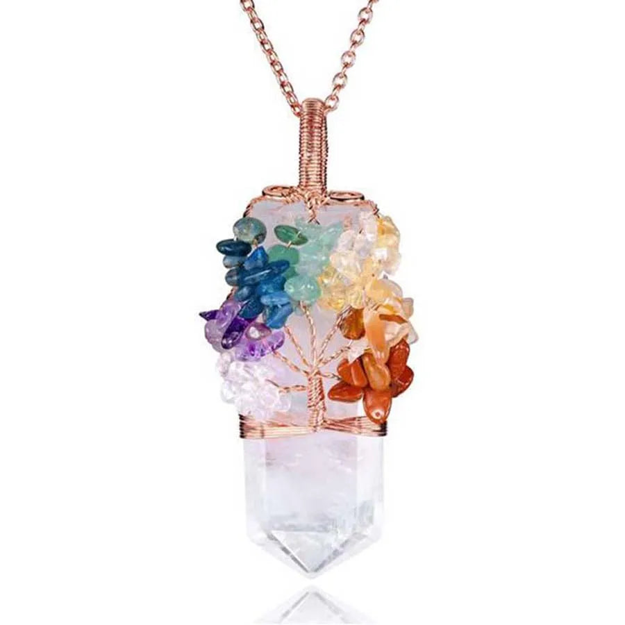 Healing Crystal Sword Faceted Pendant Necklace For Women Men Natural Chakra Tree Life Wire Wrapped Amethyst Rose Quartz Jewelry