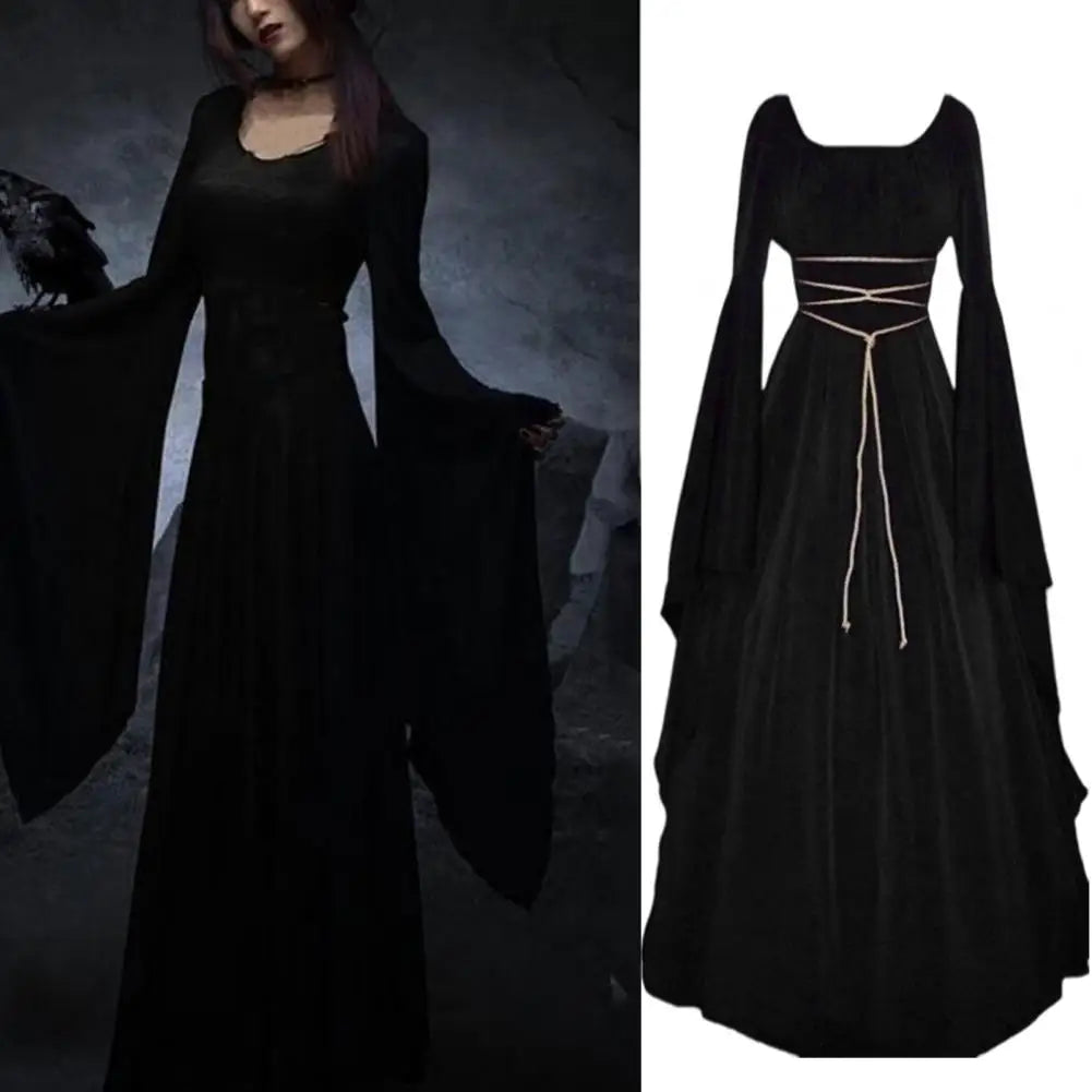 Gothic Dress for Women Halloween Renaissance Witch Dress Long Bell Sleeve Medieval Costume for Halloween Cosplay Party