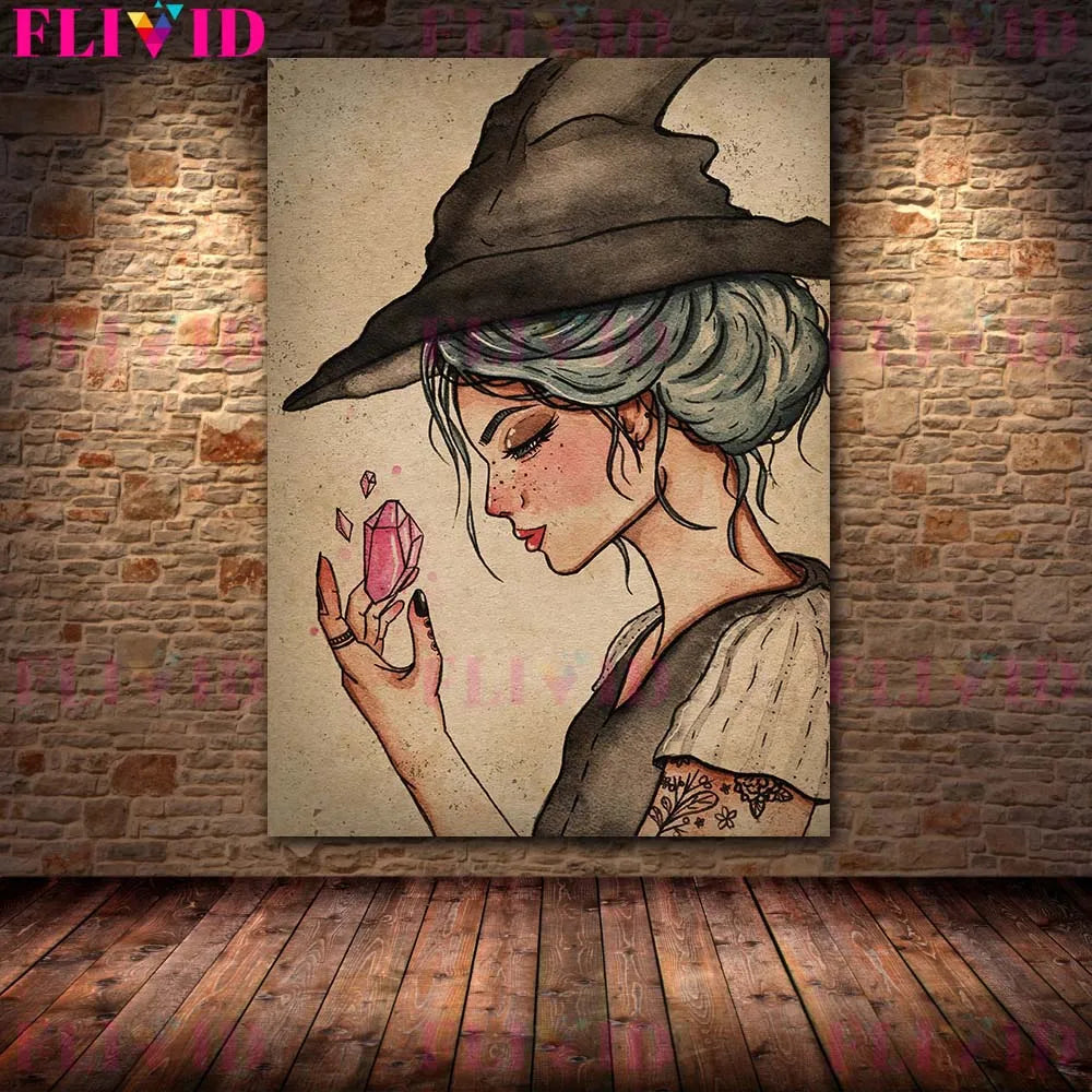 Crystal Witch And Witchy Things Vintage Wall Art Canvas Painting The Little Witch Sitting On The Moon Poster Prints Home Decor