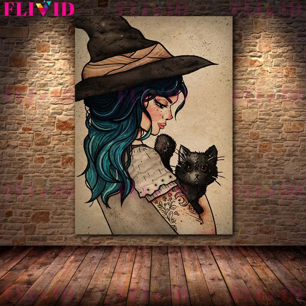 Crystal Witch And Witchy Things Vintage Wall Art Canvas Painting The Little Witch Sitting On The Moon Poster Prints Home Decor