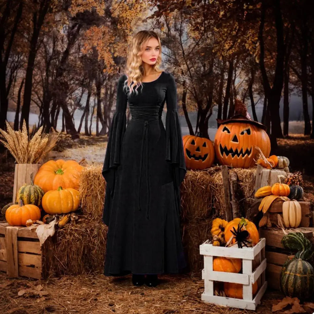 Gothic Dress for Women Halloween Renaissance Witch Dress Long Bell Sleeve Medieval Costume for Halloween Cosplay Party