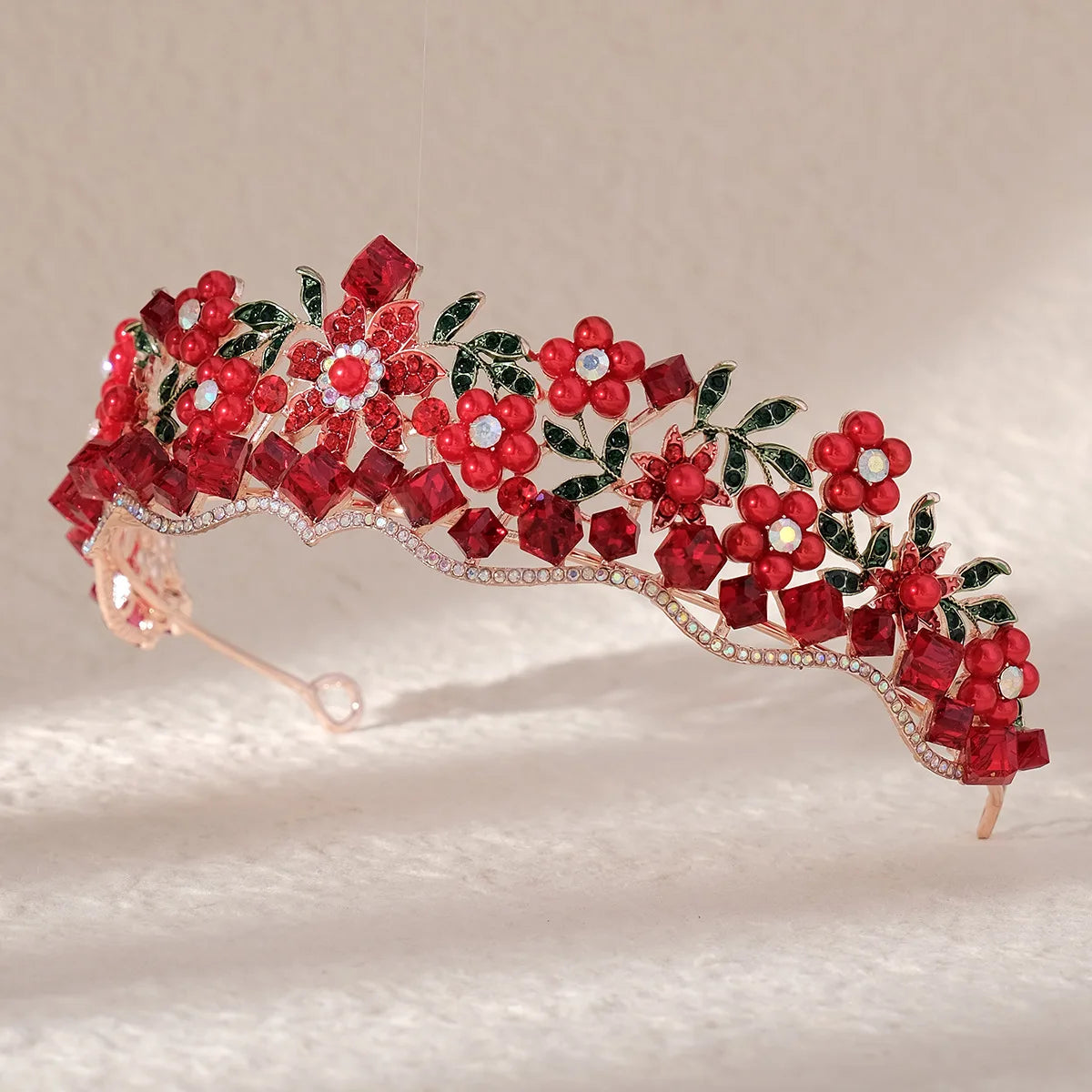 Baroque Luxury Red Crystal Flowers Tiaras For Women Diadem Wedding Girls Birthday Party Elegant Crowns Hair Jewelry Accessories
