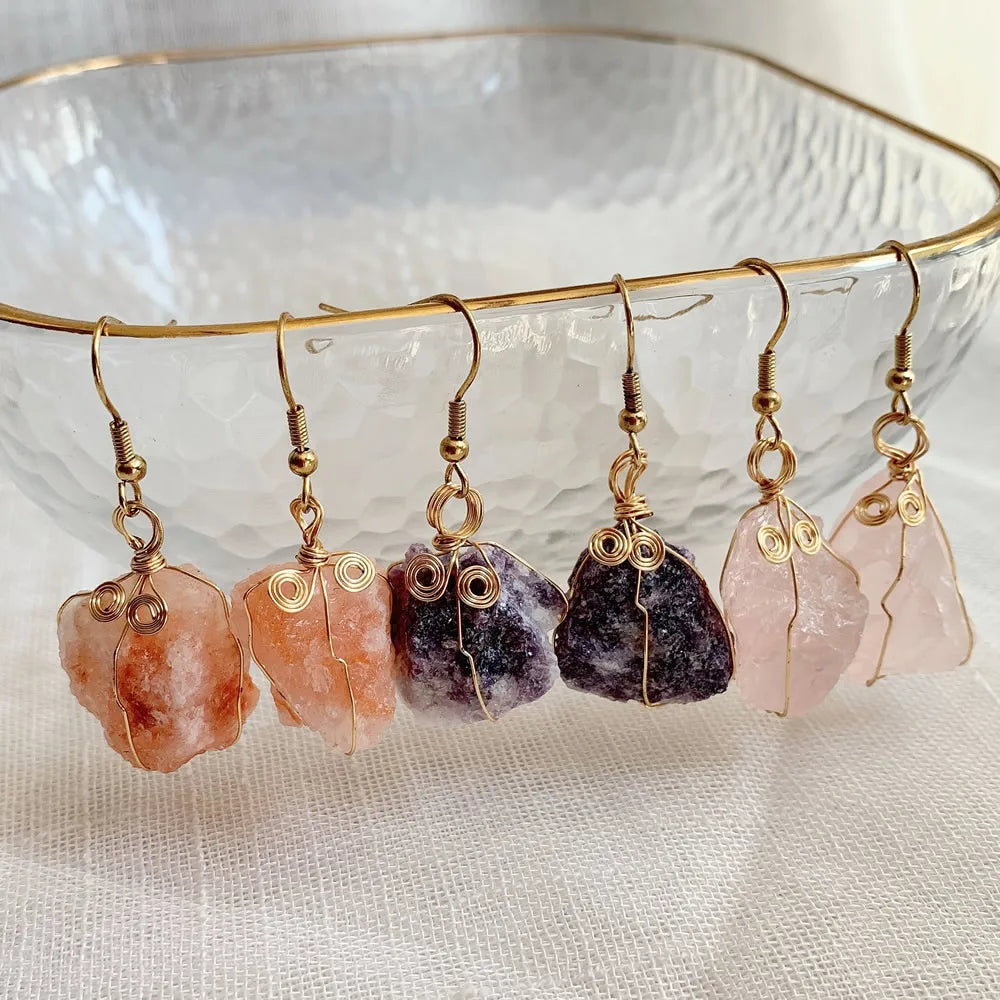 Natural Crystal Earrings for Women Raw Stone Green Quartz Pendulum Rubies Zoisite Lapis Sunstone Purple Crystal Drop Earring
