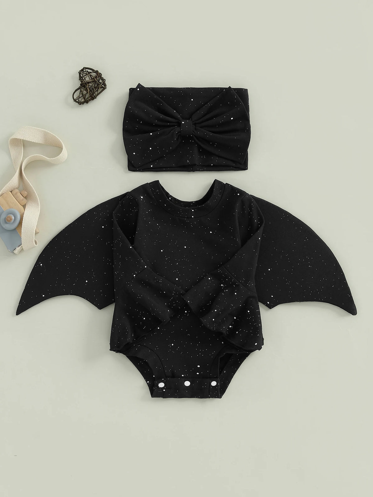 Toddler Baby Girl Bat Costumes Glitter Batwing Long Sleeve Romper with Bow Headband 2 Piece Halloween Outfit