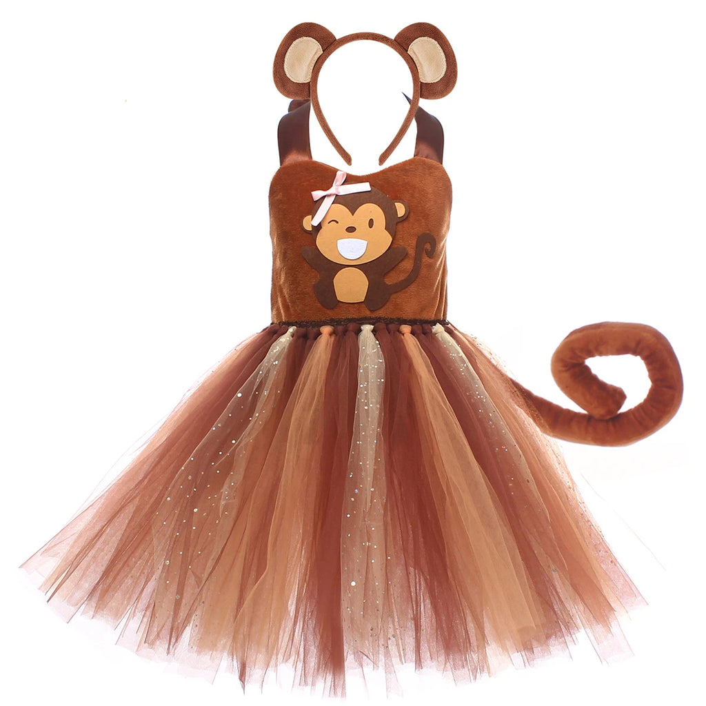 Sparkly Brown Monkey Costumes for Baby Girls Forest Tutu Dress Kids Animal Halloween Outfits Children Birthday Carnival Clothes