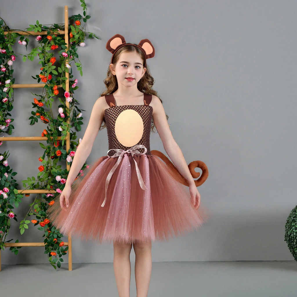 Sparkly Brown Monkey Costumes for Baby Girls Forest Tutu Dress Kids Animal Halloween Outfits Children Birthday Carnival Clothes