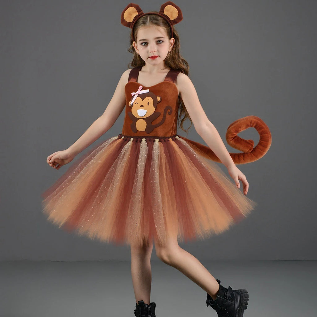 Sparkly Brown Monkey Costumes for Baby Girls Forest Tutu Dress Kids Animal Halloween Outfits Children Birthday Carnival Clothes
