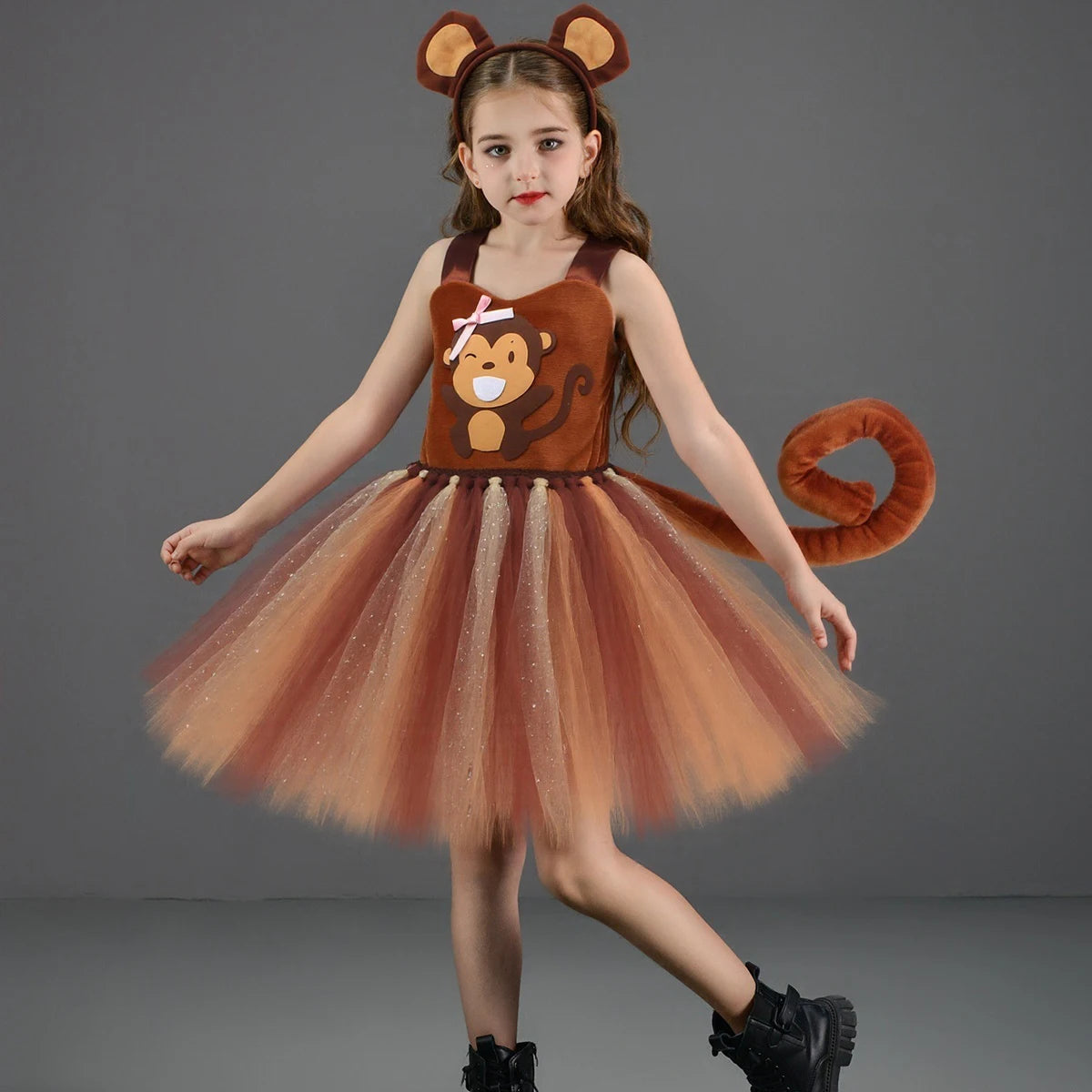 Sparkly Brown Monkey Costumes for Baby Girls Forest Tutu Dress Kids Animal Halloween Outfits Children Birthday Carnival Clothes