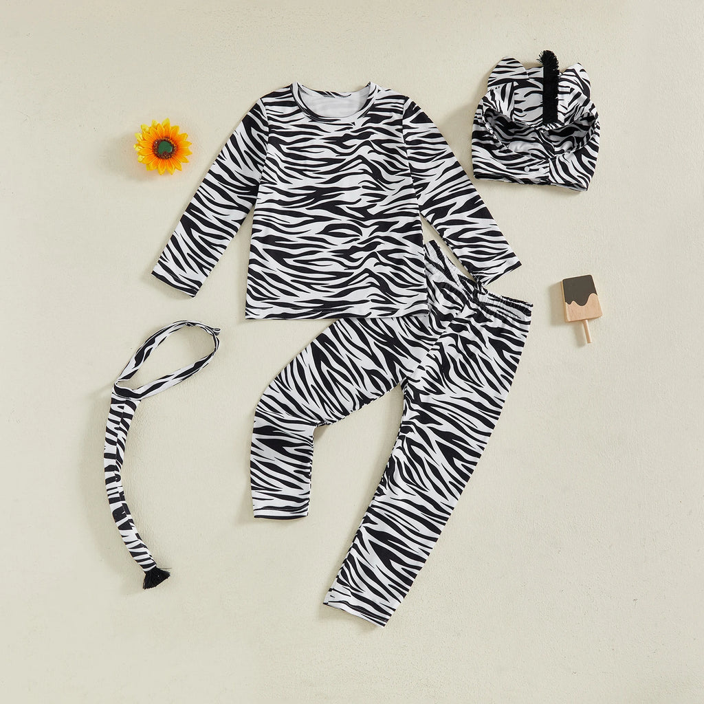 Halloween Toddler Baby Animal Costumes Set Zebra/Tiger Long Sleeve Tops Pants Ears Hat Tail Cosplay Children Party Stage