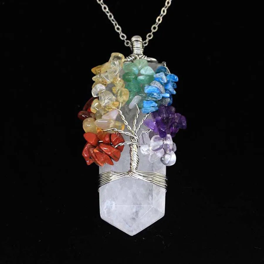 Healing Crystal Sword Faceted Pendant Necklace For Women Men Natural Chakra Tree Life Wire Wrapped Amethyst Rose Quartz Jewelry