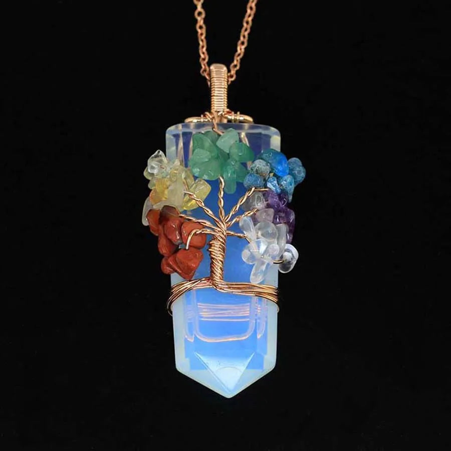 Healing Crystal Sword Faceted Pendant Necklace For Women Men Natural Chakra Tree Life Wire Wrapped Amethyst Rose Quartz Jewelry