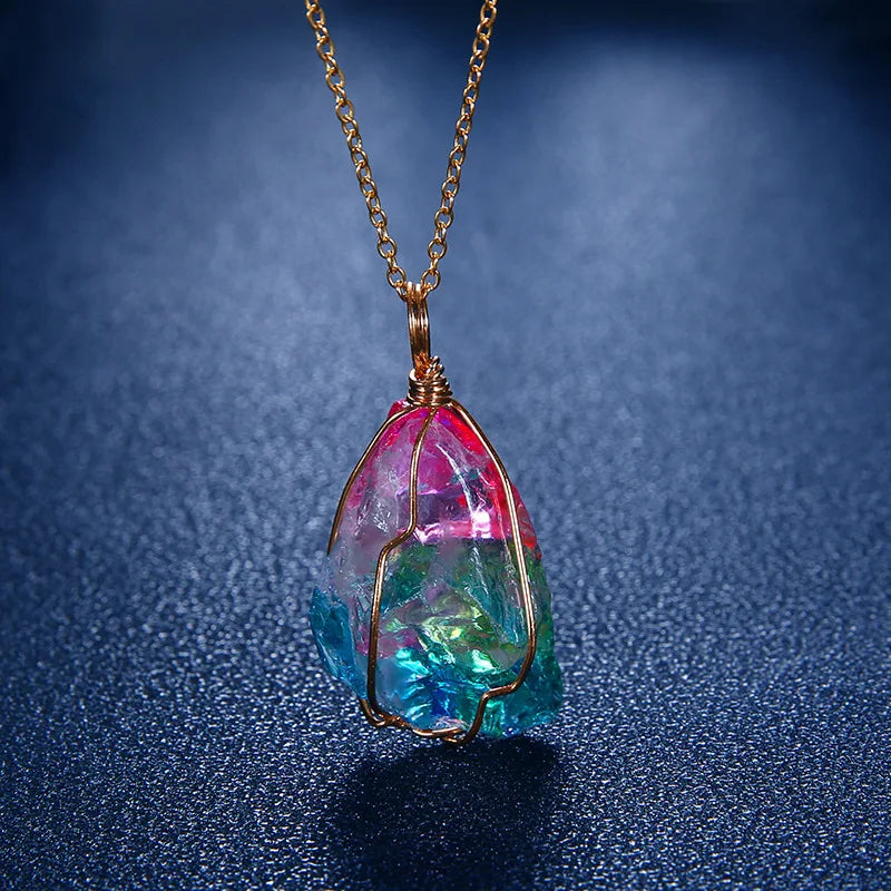 Irregular Rainbow Stone Natural Crystal Fashion Crystal Chakra Rock Necklace Nice Gift For Lover Friends