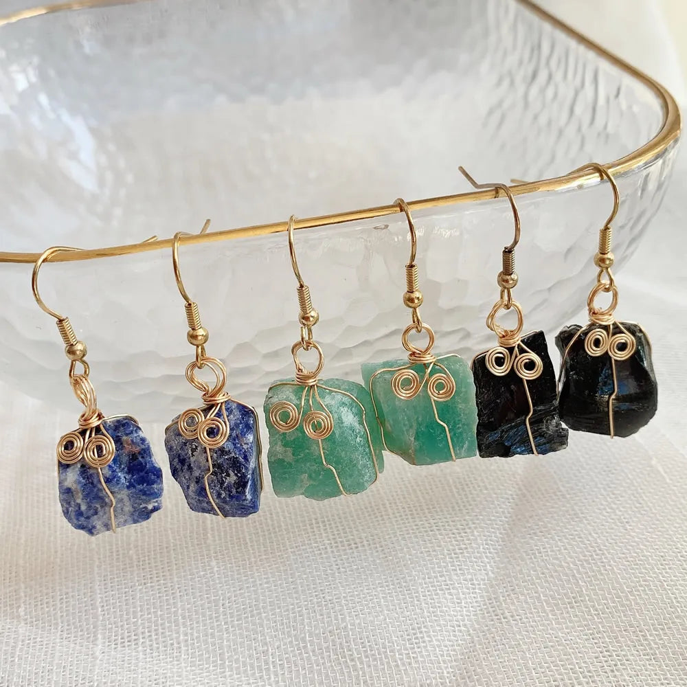 Natural Crystal Earrings for Women Raw Stone Green Quartz Pendulum Rubies Zoisite Lapis Sunstone Purple Crystal Drop Earring
