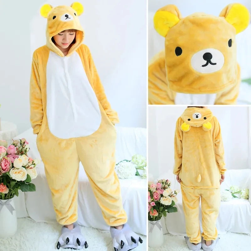 Winter Women Men Unisex Adults Penguin Cartoon Onesies Frog Bear Animal Cosplay Pajamas Set Flannel Sleepwear Halloween Costumes