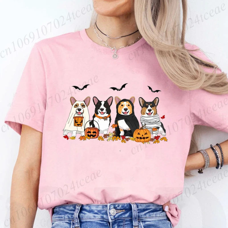 Halloween Dog Fashion T Shirt Tops Women Harajuku Graphic Tees Shirt Femme Corgi Dogs Halloween Women's T-shirt Clothes Tops