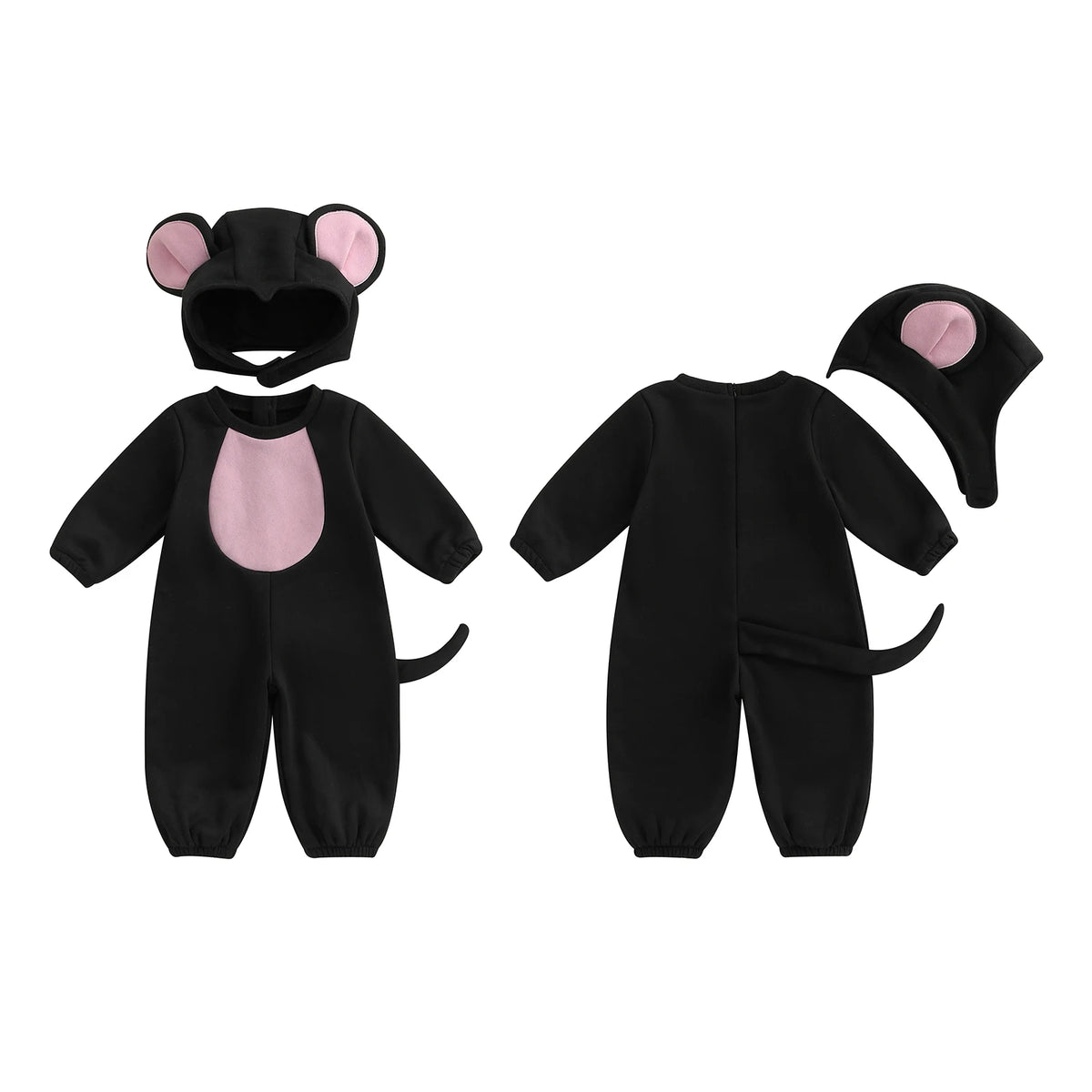 0-3Years Baby Mouse Costumes Novelty Long Sleeve Contrast Color Jumpsuit with Hat Halloween Cosplay Costumes for Boy Girl