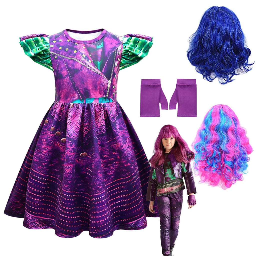 Descendants 3 Mal Costumes for Girls Evie Cosplay Costume Children Summer Short Dresses Girls Halloween Birthday Party Dress Up