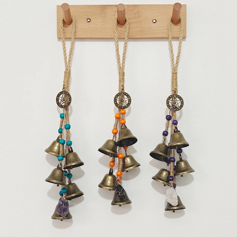Crystal Witch Bells Vintage Metal Wind Chime for Protection Positive Energy Cleansing Chime with Clear Quartz Amethyst Obsidian
