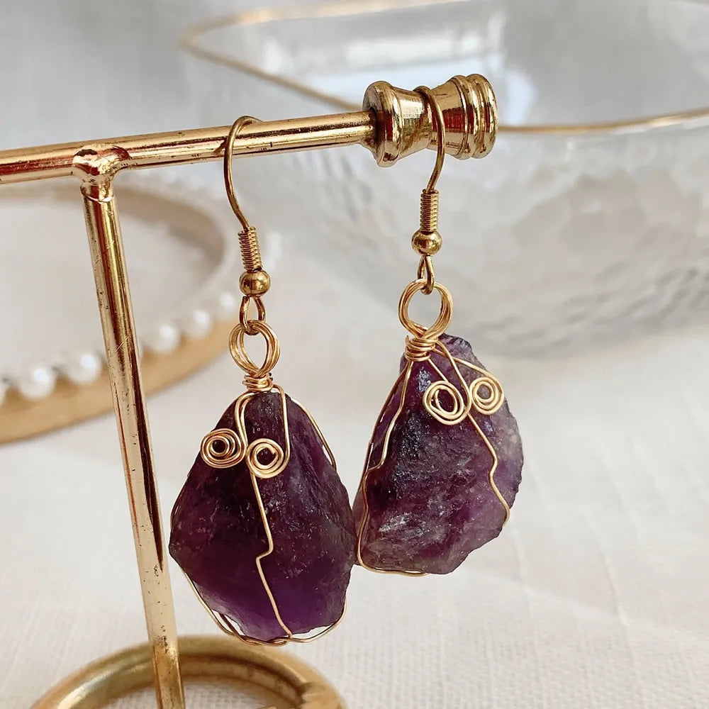Natural Crystal Earrings for Women Raw Stone Green Quartz Pendulum Rubies Zoisite Lapis Sunstone Purple Crystal Drop Earring