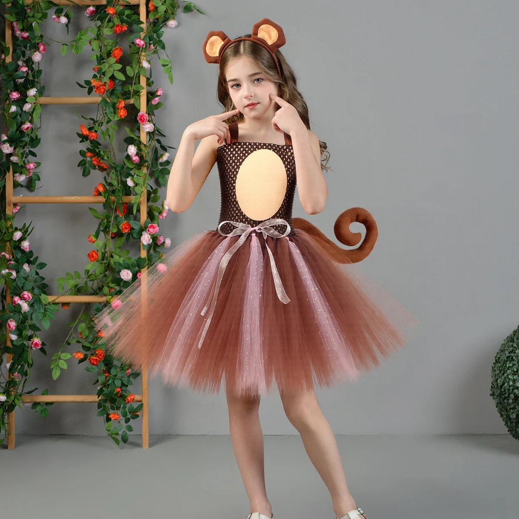 Sparkly Brown Monkey Costumes for Baby Girls Forest Tutu Dress Kids Animal Halloween Outfits Children Birthday Carnival Clothes