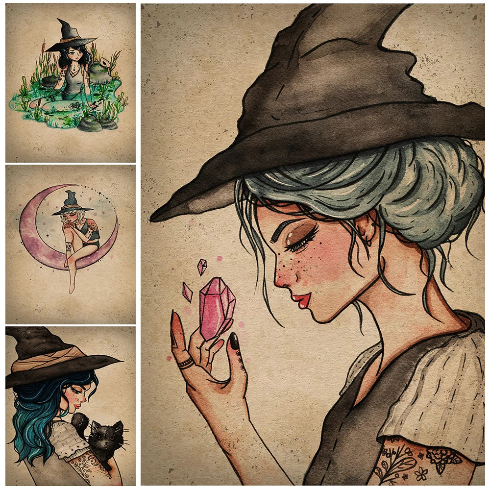 Crystal Witch And Witchy Things Vintage Wall Art Canvas Painting The Little Witch Sitting On The Moon Poster Prints Home Decor