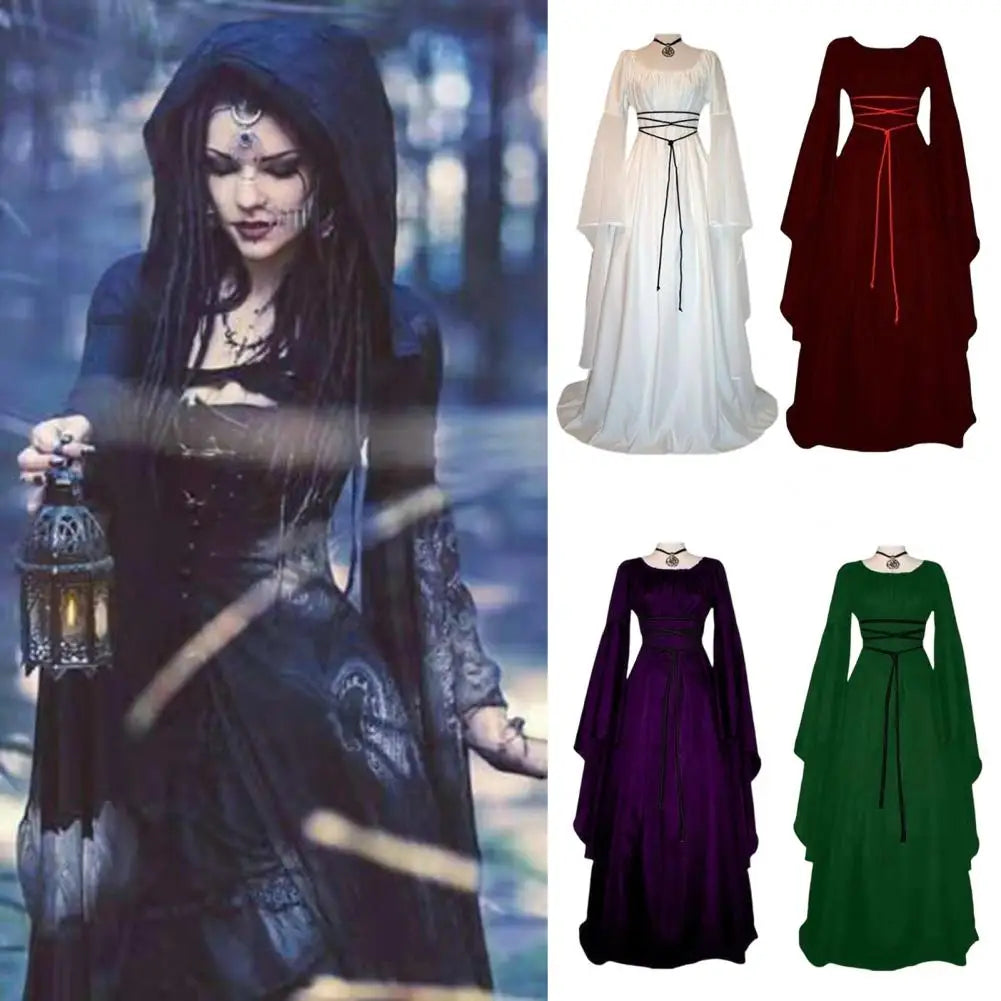 Gothic Dress for Women Halloween Renaissance Witch Dress Long Bell Sleeve Medieval Costume for Halloween Cosplay Party