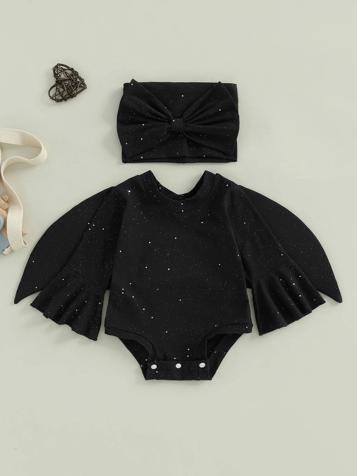 Toddler Baby Girl Bat Costumes Glitter Batwing Long Sleeve Romper with Bow Headband 2 Piece Halloween Outfit