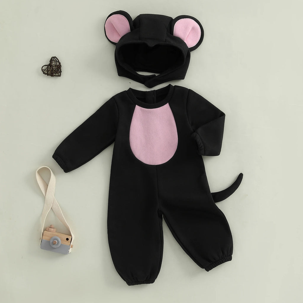 0-3Years Baby Mouse Costumes Novelty Long Sleeve Contrast Color Jumpsuit with Hat Halloween Cosplay Costumes for Boy Girl