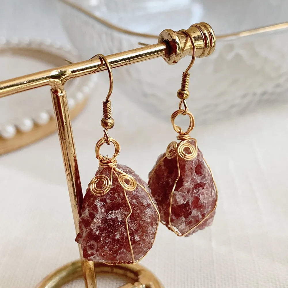 Natural Crystal Earrings for Women Raw Stone Green Quartz Pendulum Rubies Zoisite Lapis Sunstone Purple Crystal Drop Earring