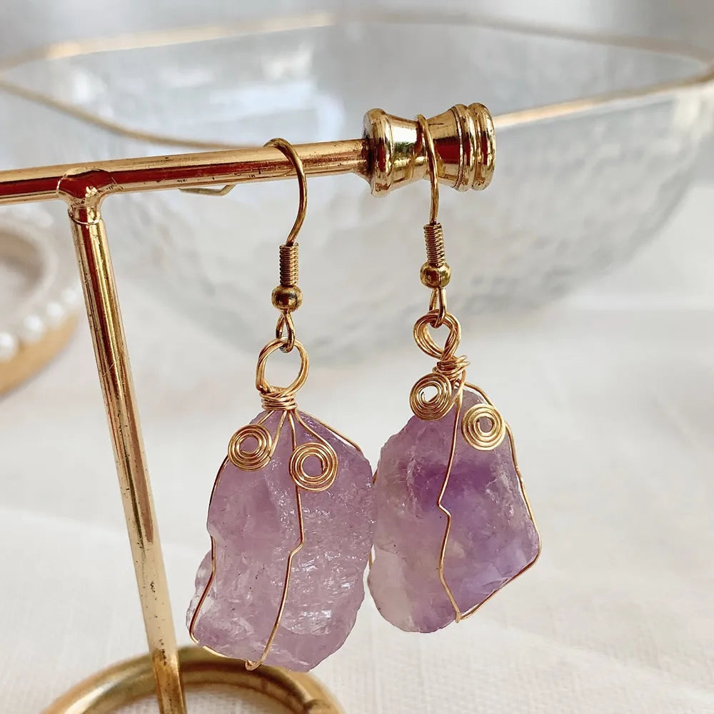 Natural Crystal Earrings for Women Raw Stone Green Quartz Pendulum Rubies Zoisite Lapis Sunstone Purple Crystal Drop Earring