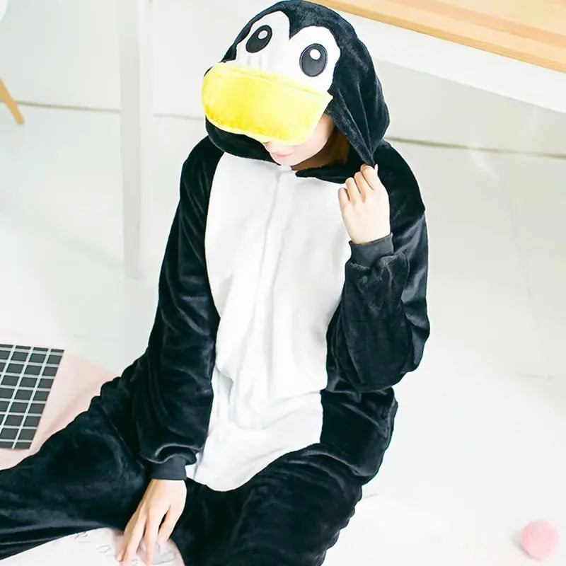 Winter Women Men Unisex Adults Penguin Cartoon Onesies Frog Bear Animal Cosplay Pajamas Set Flannel Sleepwear Halloween Costumes