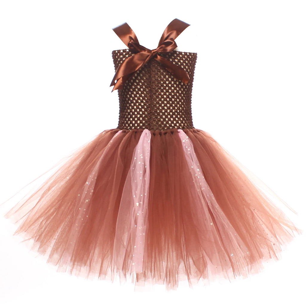 Sparkly Brown Monkey Costumes for Baby Girls Forest Tutu Dress Kids Animal Halloween Outfits Children Birthday Carnival Clothes