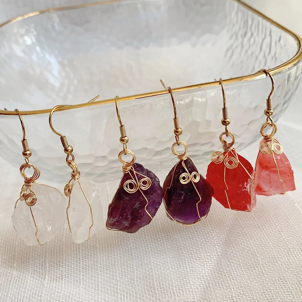 Natural Crystal Earrings for Women Raw Stone Green Quartz Pendulum Rubies Zoisite Lapis Sunstone Purple Crystal Drop Earring