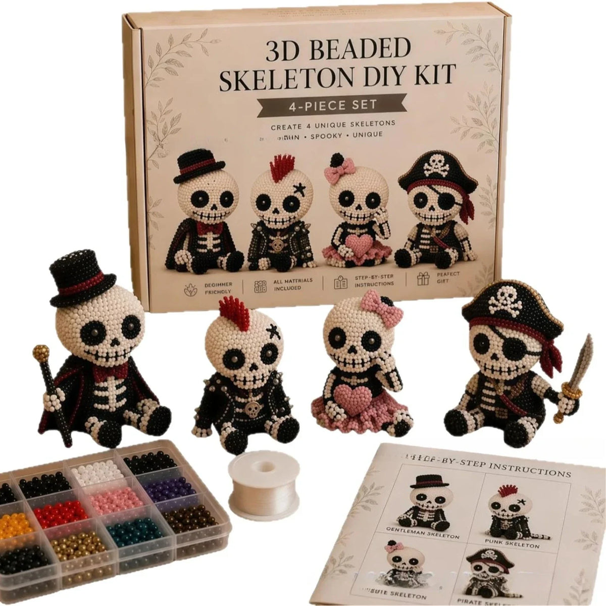 Creative 3D Beaded Skeleton Crafting Kit Unique DIY Art Set With Instructions Perfect Holiday Gift For Kids And Adults Fun 4PCS