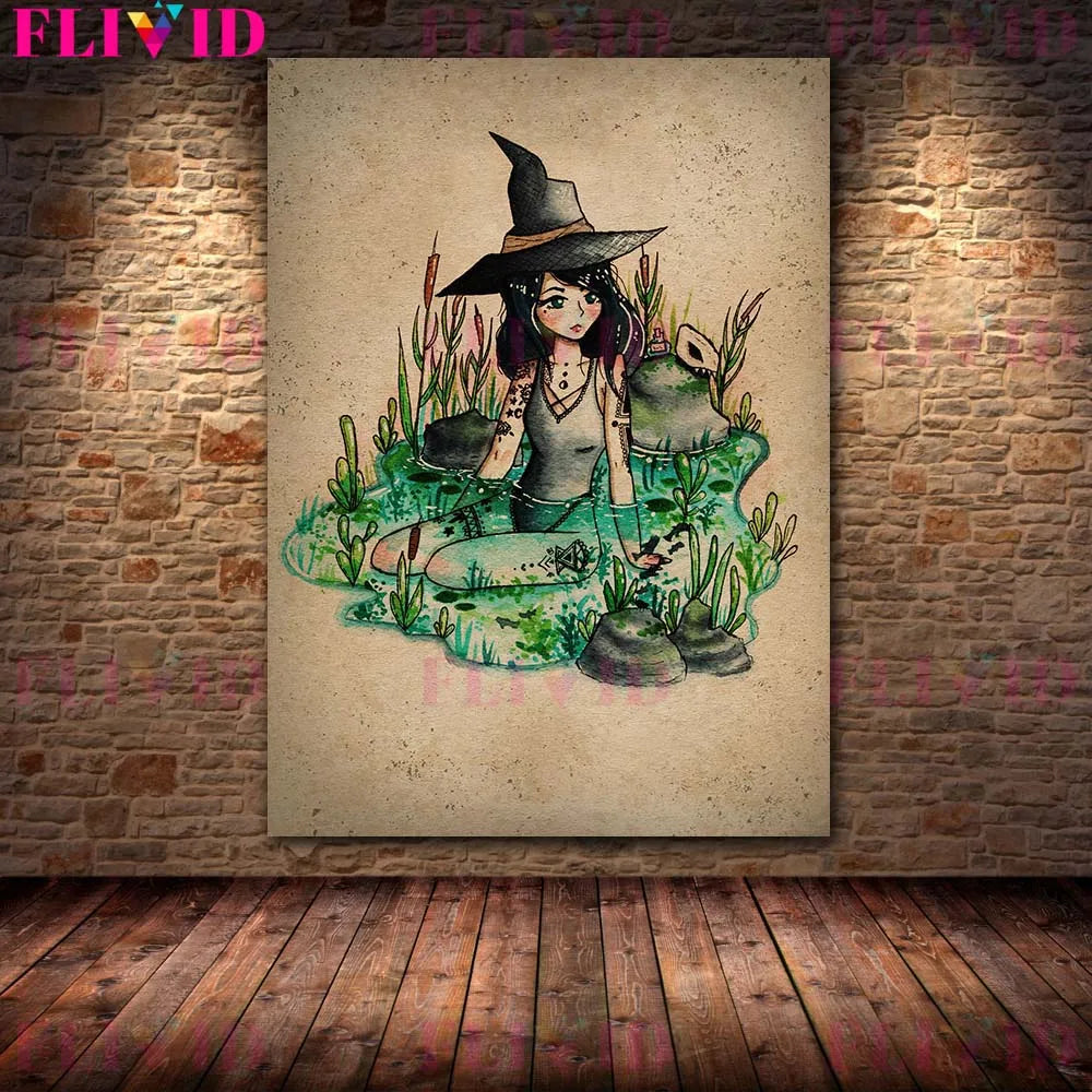 Crystal Witch And Witchy Things Vintage Wall Art Canvas Painting The Little Witch Sitting On The Moon Poster Prints Home Decor